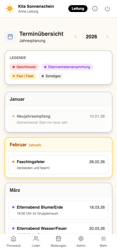 Monte App Kalender mit Terminen