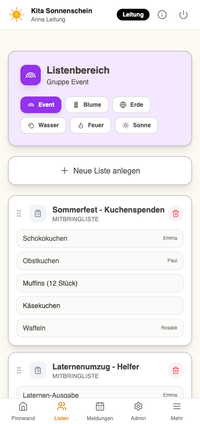 Monte App Listen und Abstimmungen