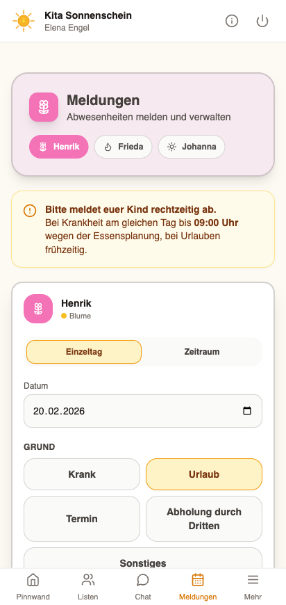 Monte App Abwesenheitsmeldung