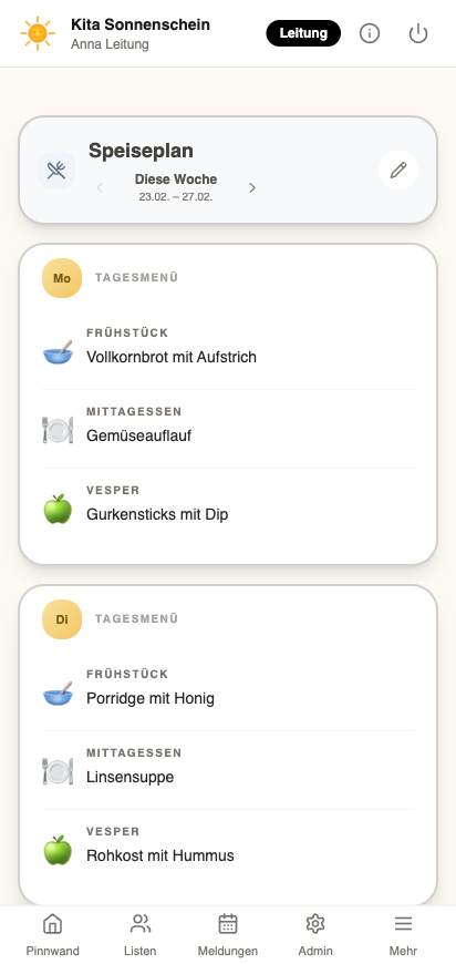 Monte App Wochen-Speiseplan